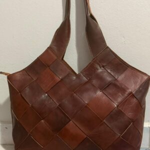 Grand sac cabas en cuir marron à tressage patchwork de damiers